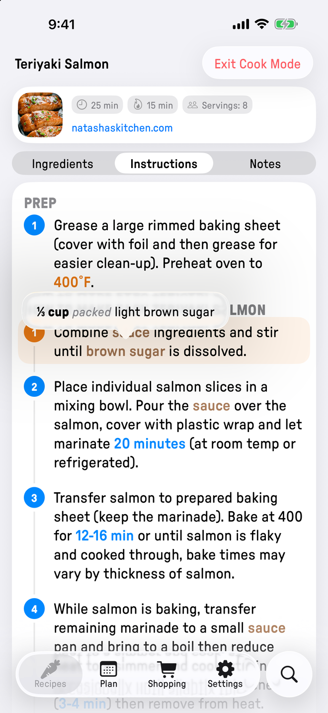 Cook mode in Plate, showing a highlighted step in large text with an ingredient popover.
