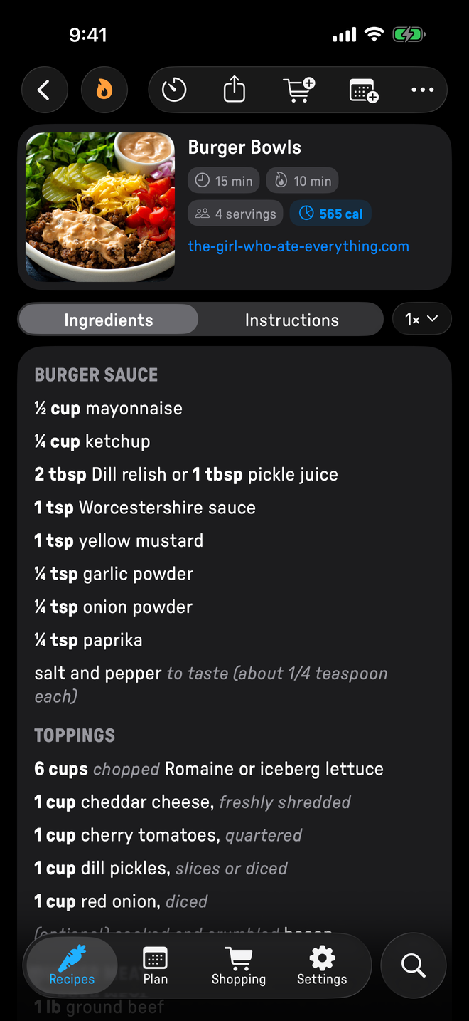 A sectioned recipe in Plate in dark mode.
