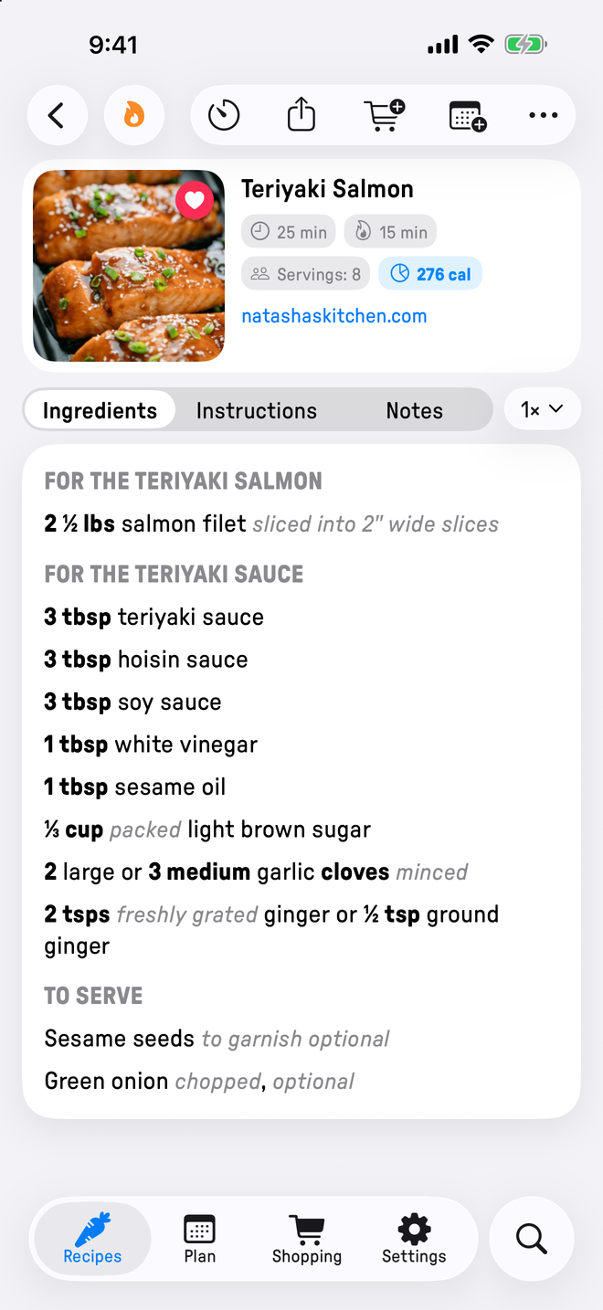 A recipe detail view in Plate, with photo, ingredients, and cooking times.