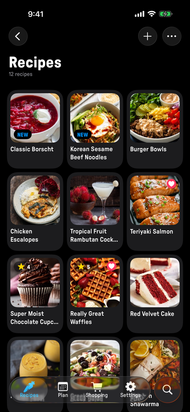 The recipe library list in Plate in dark mode.