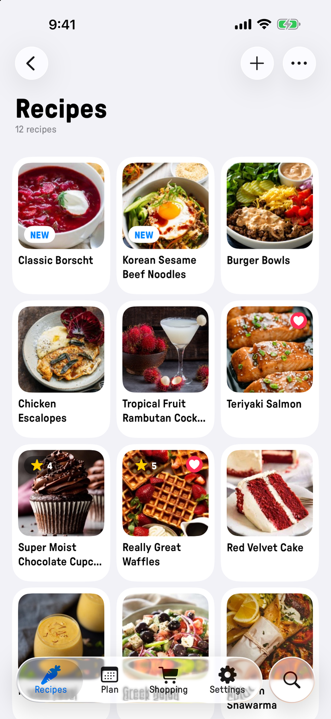 The recipe library list in Plate, showing saved recipes with photos and titles.