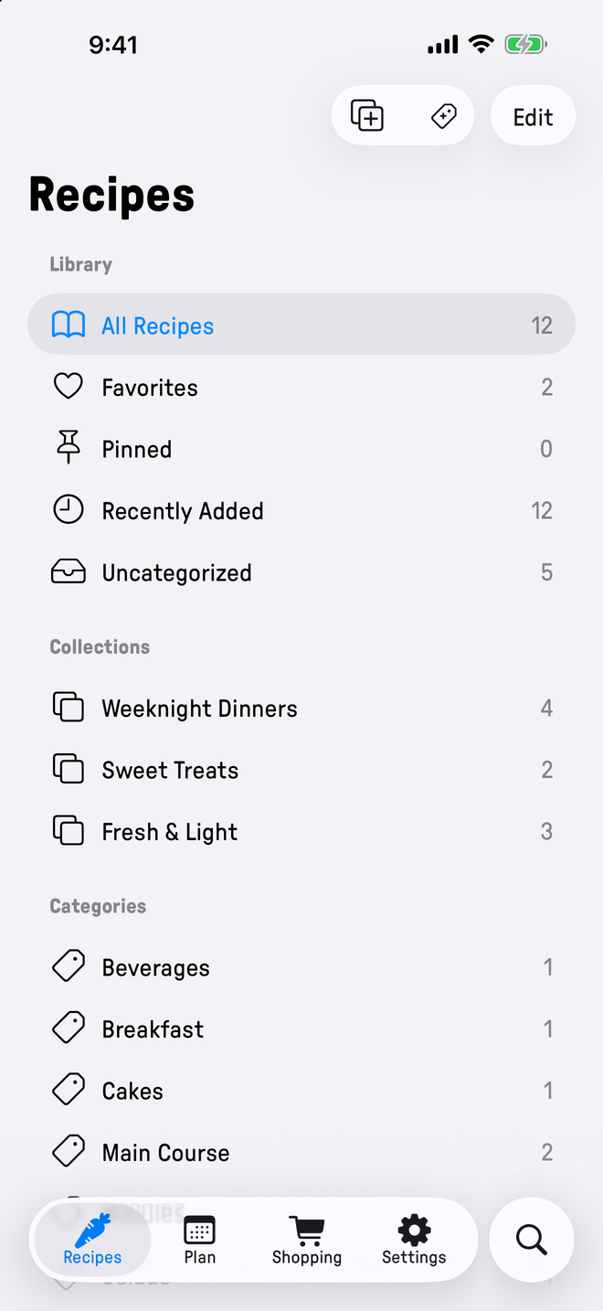 The Plate sidebar, showing recipe collections and categories.